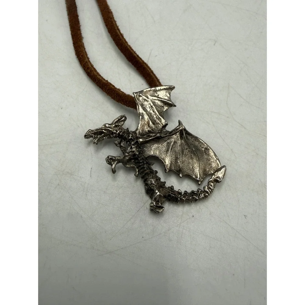 Vintage Pewter Dragon Pendant Necklace Brown Suede Cord Gothic Fantasy Mythical